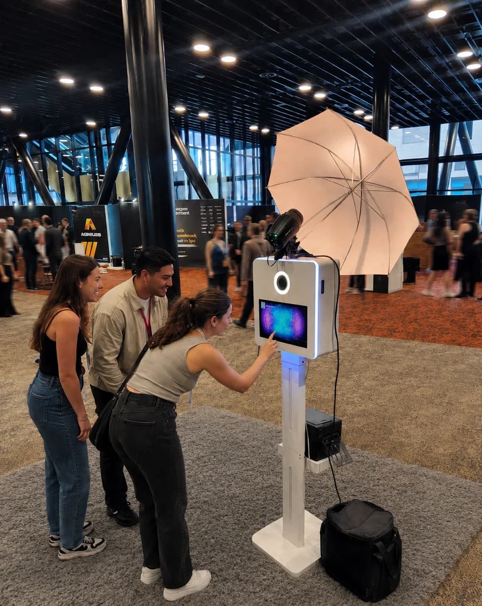 Conference attendees using the PhotoBoothPro booth at a Wellington venue