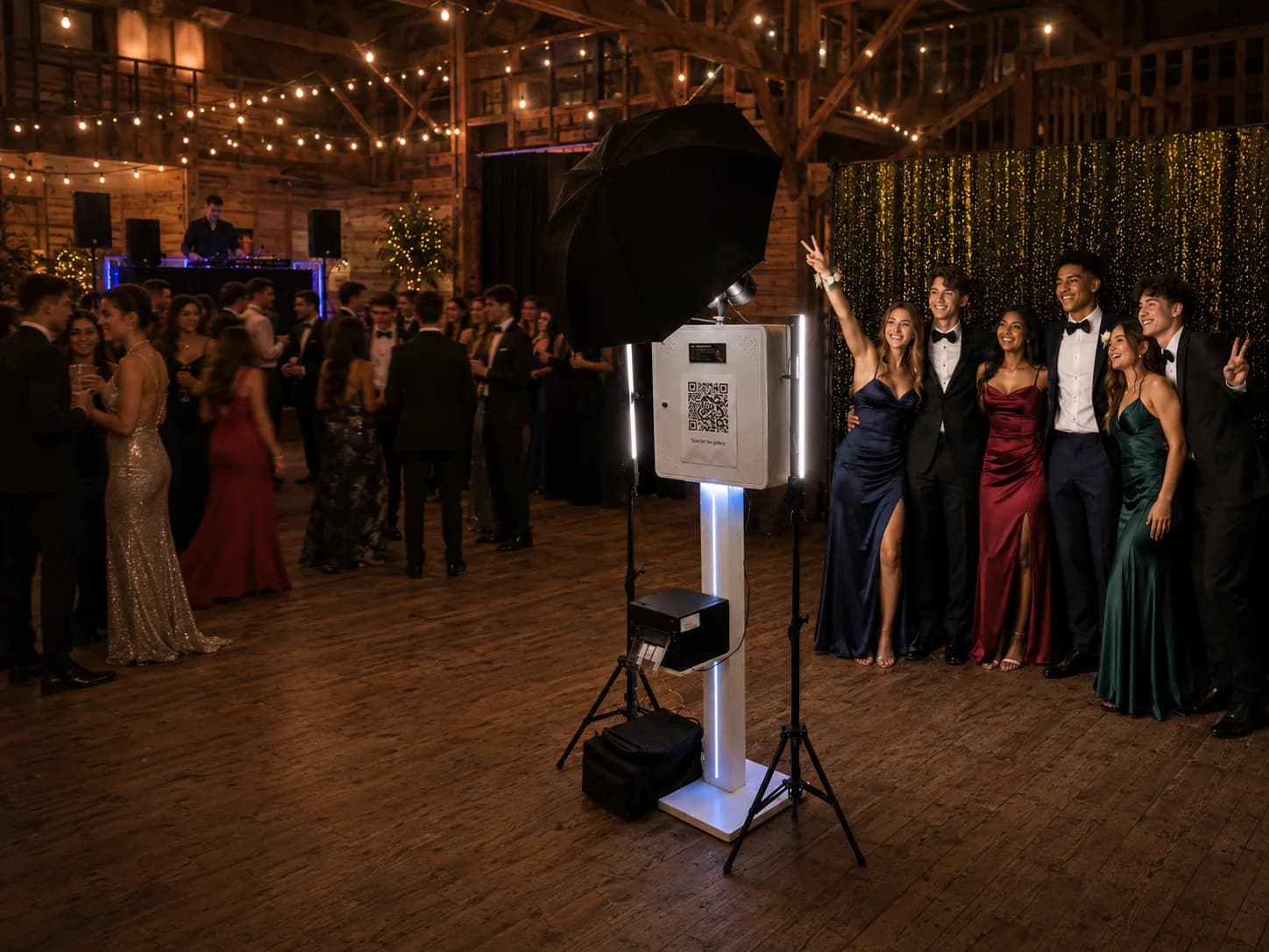 Students in formal wear posing beside the PhotoBoothPro booth at a school ball