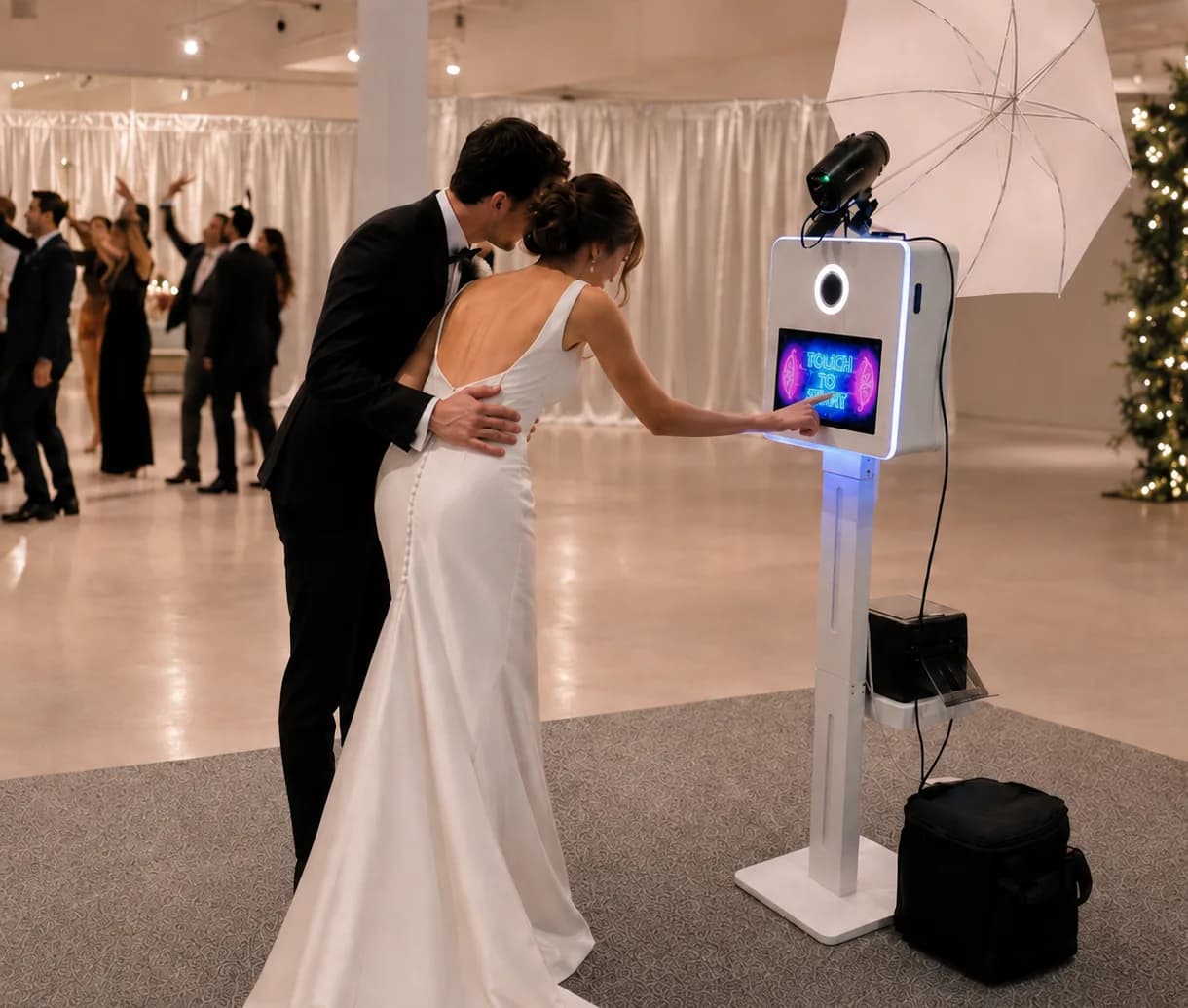 A bride and groom using the PhotoBoothPro booth at their wedding